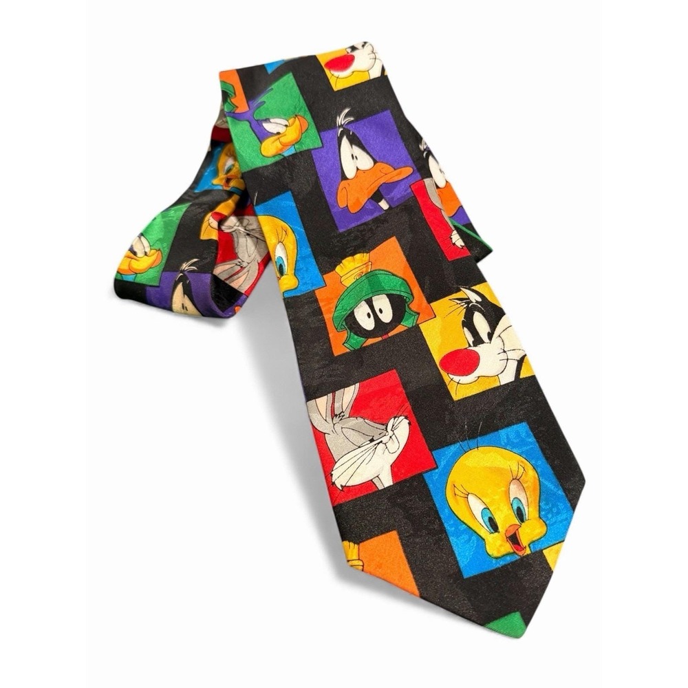 Looney Tunes Tie Tweety Bugs Daffy Road Runner Geometric Licensed Black 57 x 4